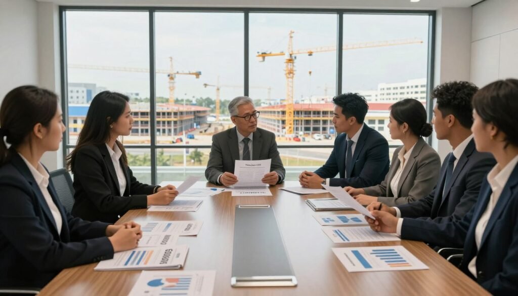A sleek, modern office environment featuring a large, polished conference table at the foreground, strewn with financial papers and charts representing various self-storage financing options. In the middle ground, a diverse group of professionals—two men and a woman—dressed in professional business attire, engaged in a discussion, analyzing the documents with intent expressions. In the background, through a floor-to-ceiling window, an expansive view of a self-storage facility under construction, showcasing rows of units and cranes, bathed in warm, natural light. The atmosphere is focused and collaborative, conveying a sense of strategic planning and ambition in real estate finance. The brand name "Thorne CRE" is subtly integrated into the design elements of the conference room.