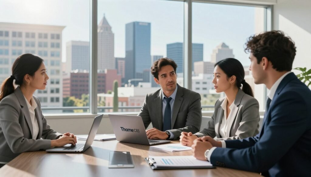 A sleek, modern office environment highlighting a professional meeting about commercial real estate pre-qualification. In the foreground, a diverse group of three business professionals in professional business attire—one man and two women—are engaged in a serious discussion, with a laptop and financial documents spread out on a polished conference table. In the middle ground, a large floor-to-ceiling window reveals a vibrant urban skyline, signifying growth and opportunity. The background features a stylish cityscape of Arizona, with bright sunlight streaming in, giving a sense of optimism and clarity. The atmosphere is focused and dynamic, with a touch of professionalism. The brand name "Thorne CRE" is subtly represented by a sleek logo on a folder atop the table.
