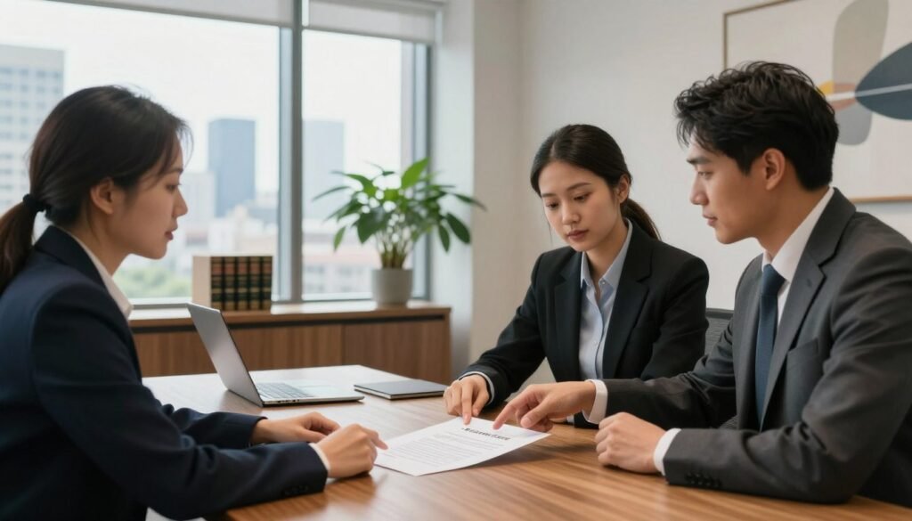 A sleek modern office environment representing legal considerations in commercial closings. In the foreground, a diverse group of three professionals in business attire are engaged in a discussion, pointing at a detailed contract on a wooden conference table. The middle ground showcases a large window with city skyline views, allowing natural light to pour into the room, creating a warm and inviting atmosphere. A bookshelf with legal texts and a potted plant add depth to the scene. The background features an abstract artwork that conveys a sense of professionalism and urgency, reflecting the fast-paced nature of commercial financing. The overall mood is collaborative and focused, with soft, diffused lighting that emphasizes a productive workspace. Thorne CRE logo subtly integrated into the design.