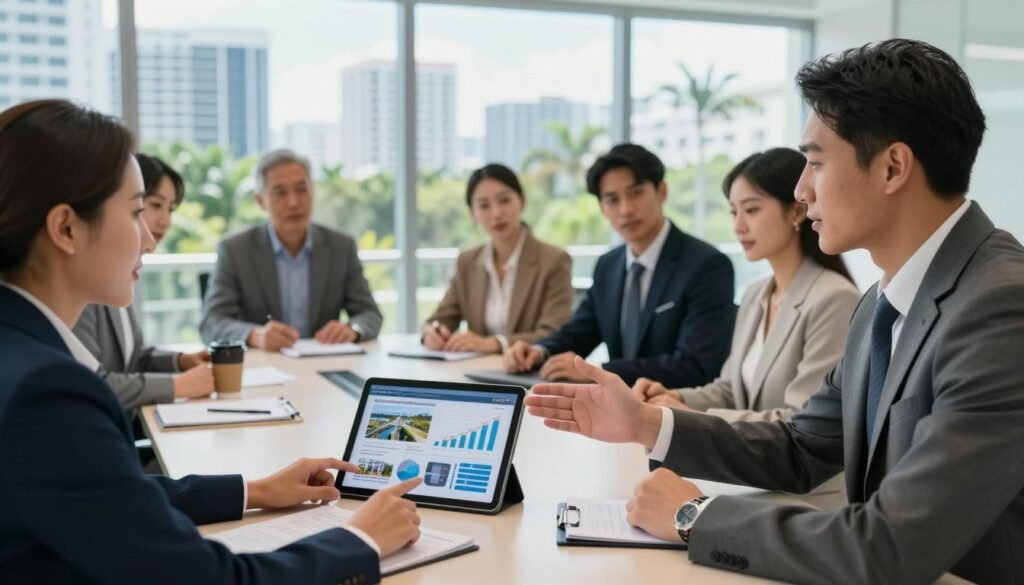 A sleek, modern office environment showcases a professional business meeting among diverse investors, women and men in business attire, discussing commercial real estate opportunities. In the foreground, a confident investor gestures towards a digital tablet displaying financial graphs and property images, symbolizing investor-focused lending. The middle ground features a large window with views of Florida's sunny skyline and lush greenery, enhancing the scene's financial optimism. The background includes a stylish conference table with paperwork and coffee cups. The atmosphere exudes collaboration and strategic thinking, with bright, natural lighting streaming in. Capture this moment with a focus on clarity and professionalism, using a slightly elevated angle to highlight the interaction and the dynamic setting.