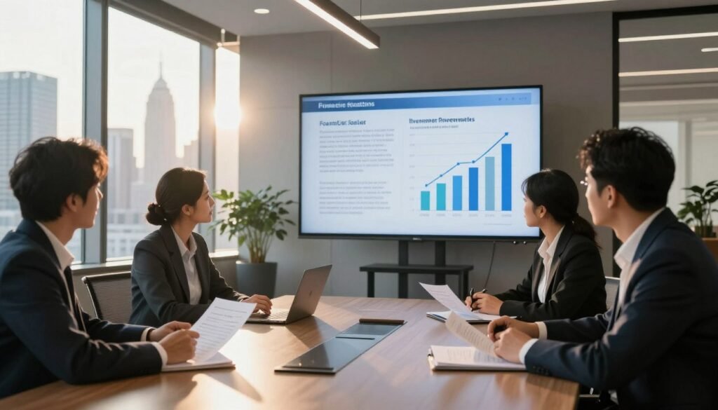 A sleek, modern office environment showcasing key elements of commercial real estate loan terms. In the foreground, a polished conference table is surrounded by business professionals in smart attire discussing documents, highlighting loan size, structure, and terms. The middle ground features a large digital screen displaying infographics and charts related to financing options, with graphs indicating growth and potential investment returns. The background includes a panoramic view of New York's skyline shining through expansive windows, bathed in warm sunlight to create an optimistic atmosphere. Soft shadows cast by elegant lighting enhance the professional setting. The image captures a strategic meeting, exuding an air of collaboration and insightful decision-making, ideal for an article on modern financing strategies.