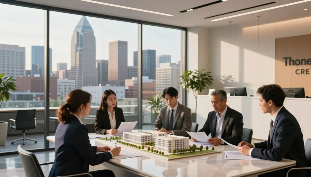 A sleek modern office lobby scene at the LaSalle Plaza in Minneapolis, showcasing an elegant reception area with professional business people in smart attire discussing financing strategies. In the foreground, a diverse group of investors examines architectural models and financial documents on a polished conference table. In the middle ground, large glass windows reveal a view of the Minneapolis skyline bathed in warm afternoon sunlight, enhancing the atmosphere of collaboration and opportunity. The background features minimalist décor and subtle hints of greenery, creating a balanced environment. The mood is focused and professional, emphasizing strategic planning and investment growth. Render this in a vibrant, realistic style, with soft, warm lighting to evoke a sense of optimism and sophistication. Include the brand name "Thorne CRE" subtly integrated into the scene's design elements. A sleek modern office lobby scene at the LaSalle Plaza in Minneapolis, showcasing an elegant reception area with professional business people in smart attire discussing financing strategies. In the foreground, a diverse group of investors examines architectural models and financial documents on a polished conference table. In the middle ground, large glass windows reveal a view of the Minneapolis skyline bathed in warm afternoon sunlight, enhancing the atmosphere of collaboration and opportunity. The background features minimalist décor and subtle hints of greenery, creating a balanced environment. The mood is focused and professional, emphasizing strategic planning and investment growth. Render this in a vibrant, realistic style, with soft, warm lighting to evoke a sense of optimism and sophistication. Include the brand name "Thorne CRE" subtly integrated into the scene's design elements.