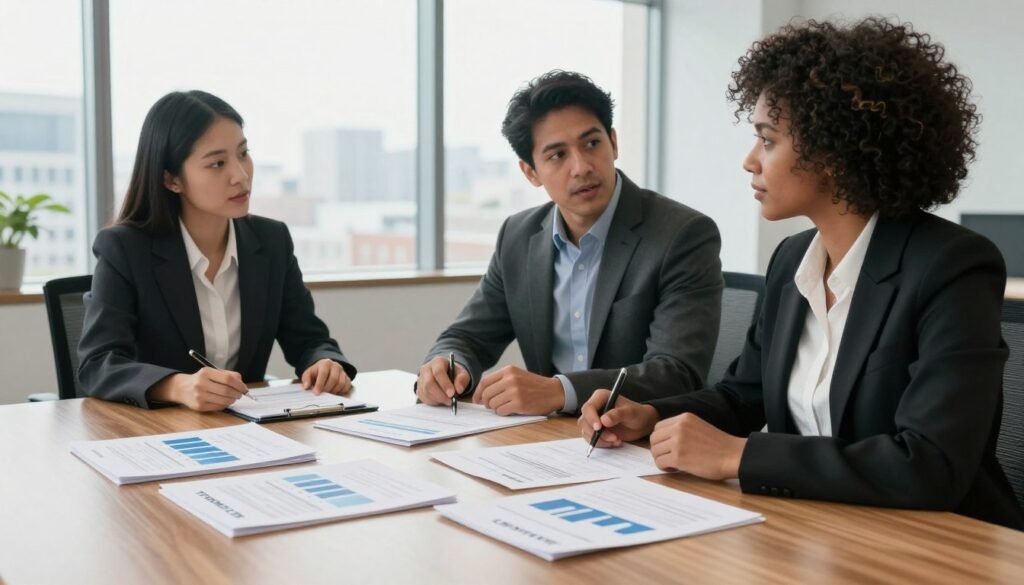 A sleek, modern office setting featuring a diverse group of three professionals in business attire engaged in a discussion over a table filled with CRE refinancing applications. The foreground focuses on a polished wooden table with documents neatly spread out, showcasing graphs and figures related to financing. The middle layer shows the professionals—one woman of Asian descent, one man of Hispanic descent, and one woman of African descent—deep in conversation, their expressions reflecting determination and collaboration. The background reveals a large window with cityscape views, filled with bright, natural light, creating a calm yet professional atmosphere. Soft shadows enhance the depth of the scene, captured with a wide-angle lens to emphasize the teamwork dynamic. Include subtle branding elements for "Thorne CRE" on the documents.