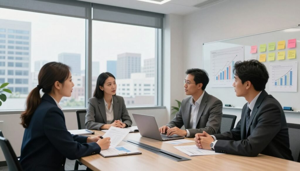A sleek, modern office space representing a medical building financing meeting. In the foreground, a diverse group of four professionals dressed in business attire, engaged in discussion around a large conference table filled with financial documents, graphs, and a laptop. In the middle ground, a large window with natural light flooding the room, showcasing a city skyline with healthcare facilities in view. The background features a whiteboard with financial charts and colored sticky notes outlining key considerations for structuring debt. The scene conveys a collaborative, professional atmosphere of strategy and planning. Soft lighting enhances the focus on the participants' engaged expressions. The brand name "Thorne CRE" subtly integrated in the design of the table or on the conference materials. A sleek, modern office space representing a medical building financing meeting. In the foreground, a diverse group of four professionals dressed in business attire, engaged in discussion around a large conference table filled with financial documents, graphs, and a laptop. In the middle ground, a large window with natural light flooding the room, showcasing a city skyline with healthcare facilities in view. The background features a whiteboard with financial charts and colored sticky notes outlining key considerations for structuring debt. The scene conveys a collaborative, professional atmosphere of strategy and planning. Soft lighting enhances the focus on the participants' engaged expressions. The brand name "Thorne CRE" subtly integrated in the design of the table or on the conference materials.