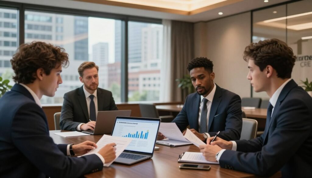 A sophisticated business meeting taking place in a modern hotel conference room, with professionals in smart business attire engaged in discussion over hospitality underwriting. The foreground features two diverse business professionals analyzing documents and a laptop displaying hospitality charts and graphs. In the middle, a large window reveals a bustling cityscape, symbolizing economic opportunity. The background includes elegant décor reflecting the hotel environment, with warm lighting creating an inviting atmosphere. The image captures a mood of collaboration and strategic planning, highlighting the balance between risk and opportunity in hospitality. Include branding elements subtly integrated into the meeting space, featuring the logo of "Thorne CRE" in the background decor. A sophisticated business meeting taking place in a modern hotel conference room, with professionals in smart business attire engaged in discussion over hospitality underwriting. The foreground features two diverse business professionals analyzing documents and a laptop displaying hospitality charts and graphs. In the middle, a large window reveals a bustling cityscape, symbolizing economic opportunity. The background includes elegant décor reflecting the hotel environment, with warm lighting creating an inviting atmosphere. The image captures a mood of collaboration and strategic planning, highlighting the balance between risk and opportunity in hospitality. Include branding elements subtly integrated into the meeting space, featuring the logo of "Thorne CRE" in the background decor.