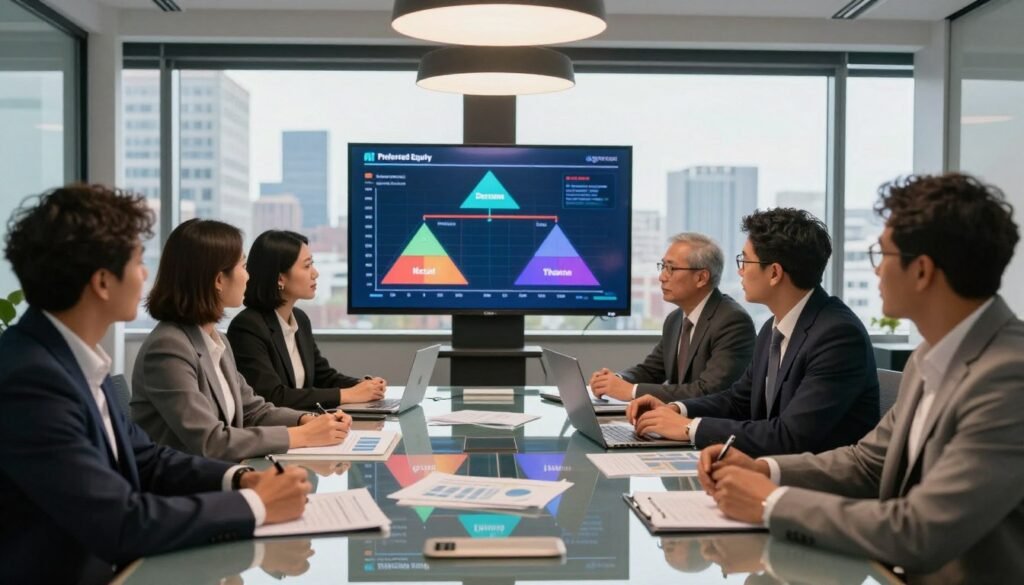 A sophisticated financial conference scene in a modern office environment focusing on preferred equity and mezzanine debt. In the foreground, a group of diverse professionals dressed in business attire gather around a sleek glass table covered with financial reports and charts, engaging in serious discussion. In the middle ground, a digital screen displays a vibrant graphical representation of capital stacks, illustrating the balance between preferred equity and mezzanine debt, with a backdrop of city skyline through large windows. The lighting is warm and professional, creating a focused atmosphere, with soft overhead lights mingling with natural daylight. The image conveys a sense of collaboration and strategy within the finance sector, as visualized by the logo "Thorne CRE" subtly integrated into the design of the meeting room. A sophisticated financial conference scene in a modern office environment focusing on preferred equity and mezzanine debt. In the foreground, a group of diverse professionals dressed in business attire gather around a sleek glass table covered with financial reports and charts, engaging in serious discussion. In the middle ground, a digital screen displays a vibrant graphical representation of capital stacks, illustrating the balance between preferred equity and mezzanine debt, with a backdrop of city skyline through large windows. The lighting is warm and professional, creating a focused atmosphere, with soft overhead lights mingling with natural daylight. The image conveys a sense of collaboration and strategy within the finance sector, as visualized by the logo "Thorne CRE" subtly integrated into the design of the meeting room.
