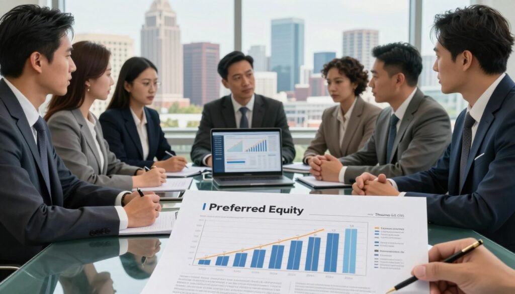 A sophisticated financial setting showcasing a diverse group of professionals in smart business attire, engaged in a strategic meeting around a luxurious glass table. In the foreground, a detailed document on preferred equity lies open, filled with charts and graphs illustrating steady capital returns. The middle ground features the individuals deep in discussion, with expressions of focus and determination, while a laptop displays data analytics related to real estate investments. The background captures a panoramic city skyline of Northern Virginia, symbolizing growth and opportunity, with soft, natural lighting illuminating the scene, creating a warm and collaborative atmosphere. The image is enhanced with a slight depth of field effect, emphasizing the professionals and the document, with the brand name "Thorne CRE" subtly integrated into the scene. A sophisticated financial setting showcasing a diverse group of professionals in smart business attire, engaged in a strategic meeting around a luxurious glass table. In the foreground, a detailed document on preferred equity lies open, filled with charts and graphs illustrating steady capital returns. The middle ground features the individuals deep in discussion, with expressions of focus and determination, while a laptop displays data analytics related to real estate investments. The background captures a panoramic city skyline of Northern Virginia, symbolizing growth and opportunity, with soft, natural lighting illuminating the scene, creating a warm and collaborative atmosphere. The image is enhanced with a slight depth of field effect, emphasizing the professionals and the document, with the brand name "Thorne CRE" subtly integrated into the scene.