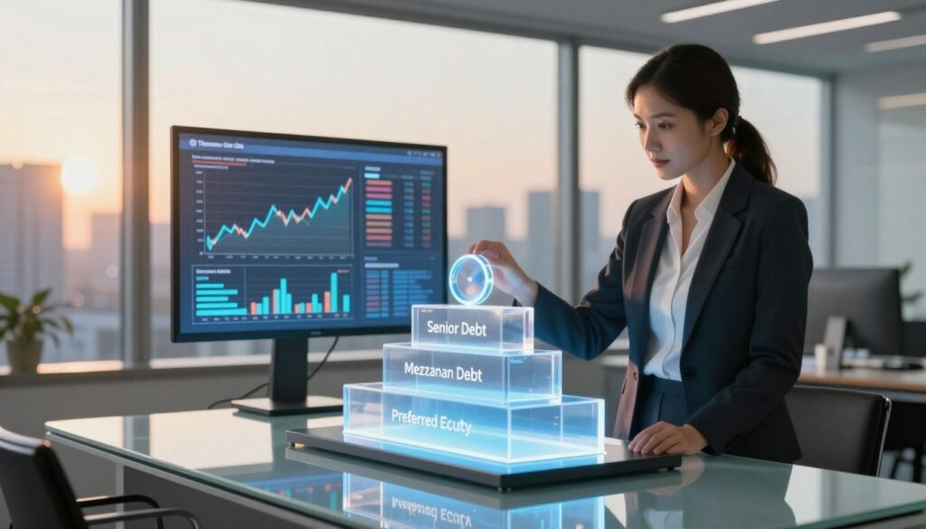 A sophisticated image illustrating "Mezzanine Debt," centered on a modern office environment symbolizing financial structures. In the foreground, a confident business professional in smart attire stands at a sleek glass table, examining a multi-layered capital stack model made of transparent blocks labeled "Senior Debt," "Mezzanine Debt," and "Preferred Equity." In the middle ground, a digital screen displays financial graphs and charts, glowing softly to represent data analysis. The background features a panoramic view of a city skyline at dusk, with warm lighting filtering through large windows, creating a warm and inviting atmosphere. Lens flare effects enhance the mood, symbolizing hope and opportunity in the finance world. Incorporate the brand name "Thorne CRE" subtly in the image's elements, ensuring a clean and focused aesthetic.