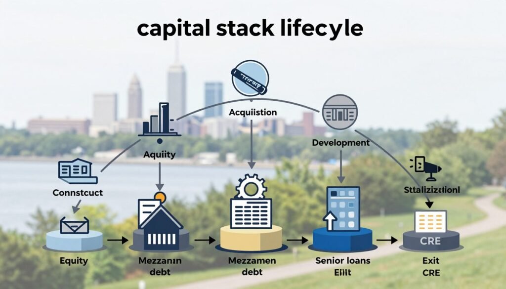 A sophisticated, intricate diagram illustrating the "capital stack lifecycle" concept for commercial real estate (CRE) in Connecticut. In the foreground, display symbolic representations of various capital sources, such as equity, mezzanine debt, and senior loans, arranged like a tiered stack, meticulously labeled. In the middle, showcase the distinct phases of the CRE lifecycle – acquisition, development, stabilization, and exit – each phase visually connected to the respective capital sources. In the background, use a subtle outline of iconic Connecticut cityscapes and green landscapes, representing the regional context. Soft, natural lighting enhances the clarity of the diagram, with a slight blur effect on the background to draw focus to the capital stack. Convey a mood of professionalism, strategy, and financial acumen. Include the brand name "Thorne CRE" subtly integrated into the design. A sophisticated, intricate diagram illustrating the "capital stack lifecycle" concept for commercial real estate (CRE) in Connecticut. In the foreground, display symbolic representations of various capital sources, such as equity, mezzanine debt, and senior loans, arranged like a tiered stack, meticulously labeled. In the middle, showcase the distinct phases of the CRE lifecycle – acquisition, development, stabilization, and exit – each phase visually connected to the respective capital sources. In the background, use a subtle outline of iconic Connecticut cityscapes and green landscapes, representing the regional context. Soft, natural lighting enhances the clarity of the diagram, with a slight blur effect on the background to draw focus to the capital stack. Convey a mood of professionalism, strategy, and financial acumen. Include the brand name "Thorne CRE" subtly integrated into the design.