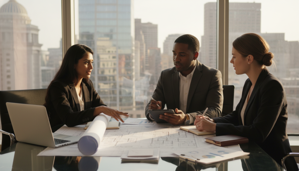 A sophisticated office environment in Washington D.C., showcasing a diverse group of three professional individuals in business attire discussing commercial real estate financing solutions. In the foreground, a clear glass table displays architectural blueprints, financial documents, and a laptop. The middle ground features the group, with one person pointing at a blueprint, while others take notes. The background includes a large window revealing a skyline view of modern D.C. buildings under soft, warm daylight, suggesting a bright, optimistic atmosphere. Use a shallow depth of field to create a focus on the group while softly blurring the background. The overall mood should be one of collaboration and strategic planning within the commercial real estate sector. A sophisticated office environment in Washington D.C., showcasing a diverse group of three professional individuals in business attire discussing commercial real estate financing solutions. In the foreground, a clear glass table displays architectural blueprints, financial documents, and a laptop. The middle ground features the group, with one person pointing at a blueprint, while others take notes. The background includes a large window revealing a skyline view of modern D.C. buildings under soft, warm daylight, suggesting a bright, optimistic atmosphere. Use a shallow depth of field to create a focus on the group while softly blurring the background. The overall mood should be one of collaboration and strategic planning within the commercial real estate sector.