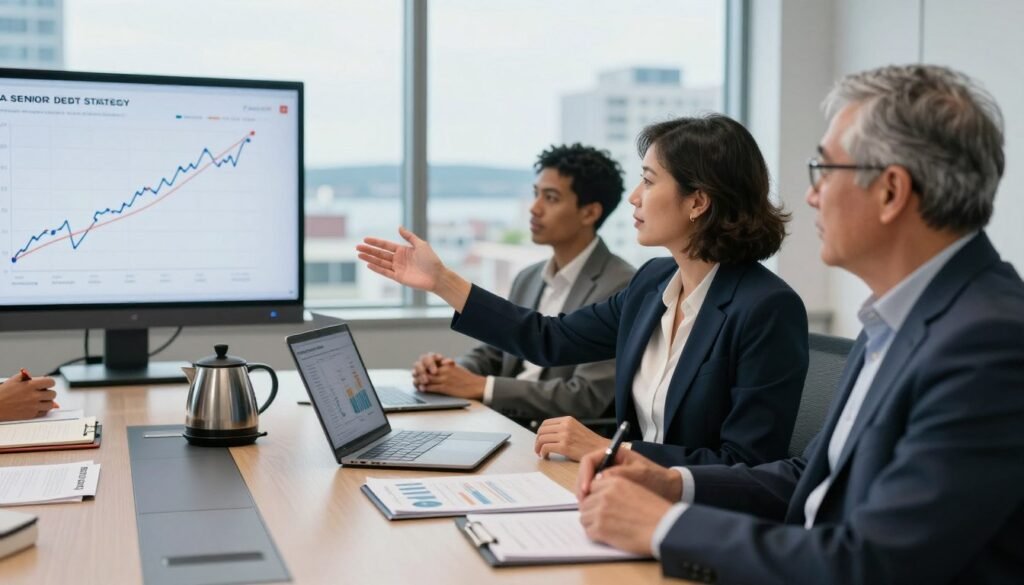 A sophisticated office setting depicting a diverse group of professionals engaged in a strategic discussion about senior debt strategy within Maine's current interest rate environment. In the foreground, a middle-aged woman in a sharp business suit gestures towards a digital chart showcasing interest rate trends, while an older man in casual business attire takes notes. The middle of the image features a large conference table cluttered with financial documents, a laptop displaying graphs, and a coffee pot. In the background, a large window reveals a cityscape with Maine’s coastal elements. Soft, natural lighting filters through, creating an inspiring and collaborative atmosphere. Include the brand name "Thorne CRE" subtly on a document visible on the table.