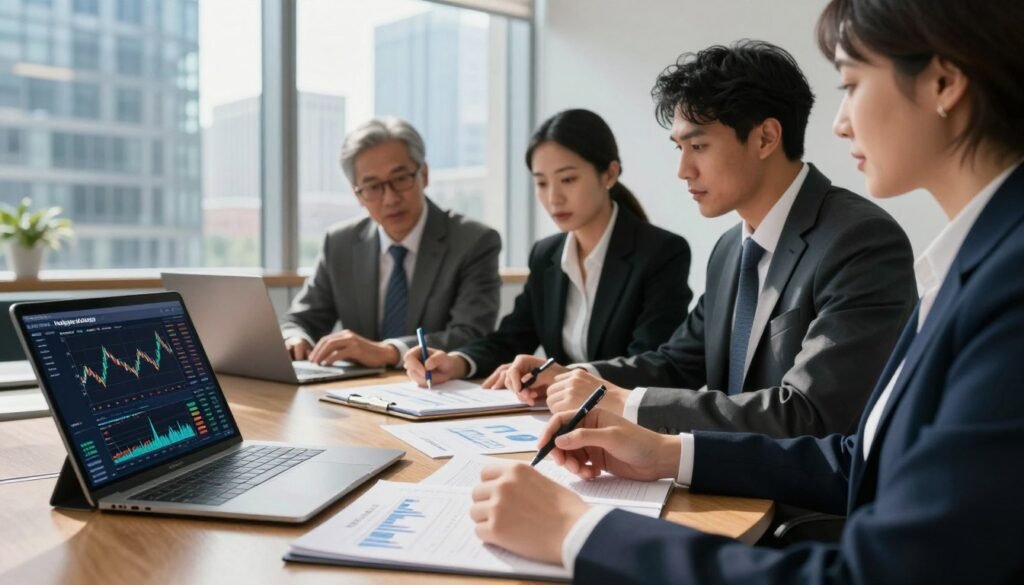 A sophisticated office setting depicting a diverse group of professionals in business attire engaged in a strategic discussion about hedging strategies for interest rate risk management. In the foreground, a close-up view of a digital financial chart on a tablet showcases complex data visualizations. The middle of the scene features three individuals—two men and one woman—analyzing the chart intently, with notes and graphs scattered on a polished wooden table. In the background, large windows reveal a cityscape of modern skyscrapers under bright, natural daylight, casting soft shadows. The atmosphere is focused and professional, conveying a sense of informed decision-making. Include the brand name "Thorne CRE" subtly integrated into the office decor.