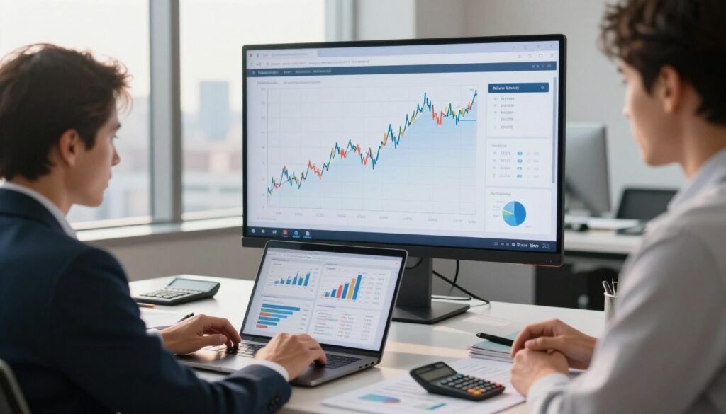 A sophisticated office setting displaying a financial analyst conducting interest rate stress testing. In the foreground, a focused professional in business attire reviews extensive graphs and charts on a sleek laptop, surrounded by financial documents and a calculator. In the middle ground, a large digital screen prominently displays fluctuating interest rate graphs, illustrating the impact on loan proceeds. The background features large windows with a city skyline view, allowing warm, natural sunlight to filter in and create a bright, productive atmosphere. The overall mood is serious and analytical, highlighting the importance of understanding interest rate dynamics in financial decision-making. Include subtle branding elements like a Thorne CRE logo on the screen.