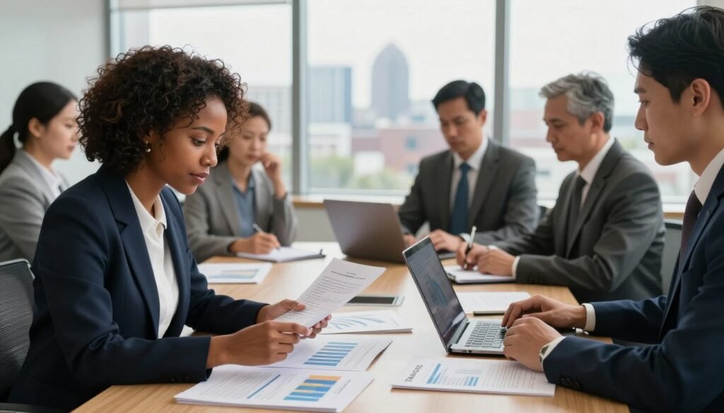 A sophisticated office setting in Delaware, showcasing a diverse group of professional individuals engaged in a due diligence meeting. In the foreground, a well-dressed African American woman is analyzing financial documents, her expression focused and diligent. Beside her, a middle-aged Caucasian man is making notes on a laptop, dressed in smart business attire. The middle ground features a large conference table scattered with graphs, reports, and legal paperwork, emphasizing the meticulous nature of the due diligence process. The background shows large windows with a view of the Delaware skyline, bathed in warm, natural light that creates an inviting and serious atmosphere. Soft shadows add depth, while a subtle lens blur keeps attention on the professionals at work. The brand name "Thorne CRE" is subtly featured in a document on the table, hinting at a reputable real estate firm. A sophisticated office setting in Delaware, showcasing a diverse group of professional individuals engaged in a due diligence meeting. In the foreground, a well-dressed African American woman is analyzing financial documents, her expression focused and diligent. Beside her, a middle-aged Caucasian man is making notes on a laptop, dressed in smart business attire. The middle ground features a large conference table scattered with graphs, reports, and legal paperwork, emphasizing the meticulous nature of the due diligence process. The background shows large windows with a view of the Delaware skyline, bathed in warm, natural light that creates an inviting and serious atmosphere. Soft shadows add depth, while a subtle lens blur keeps attention on the professionals at work. The brand name "Thorne CRE" is subtly featured in a document on the table, hinting at a reputable real estate firm.