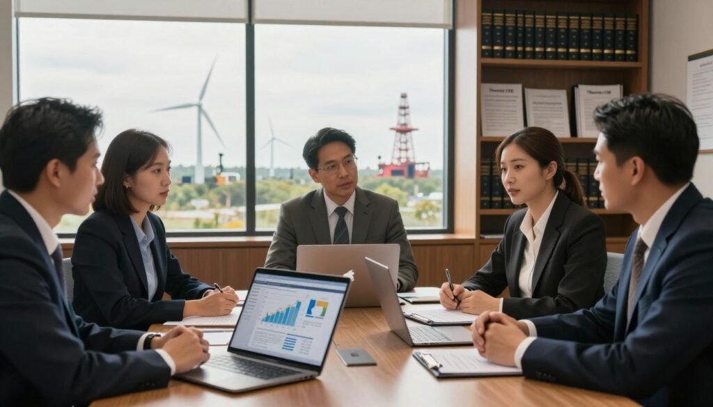 A sophisticated office setting in Louisiana, prominently featuring a table surrounded by business professionals in professional business attire, engaged in a discussion about capital investment strategies. In the foreground, a laptop displays graphs and financial data related to the energy sector. The middle layer highlights a large window with a view of Louisiana's unique landscape, integrating elements of energy infrastructure like wind turbines and oil rigs. In the background, bookshelves filled with legal texts and compliance manuals suggest a focus on legal considerations. Soft, natural lighting filters through the window, casting a warm, professional ambiance. The scene conveys a sense of diligence and forward-thinking investment strategies, with the brand "Thorne CRE" subtly integrated into the design.