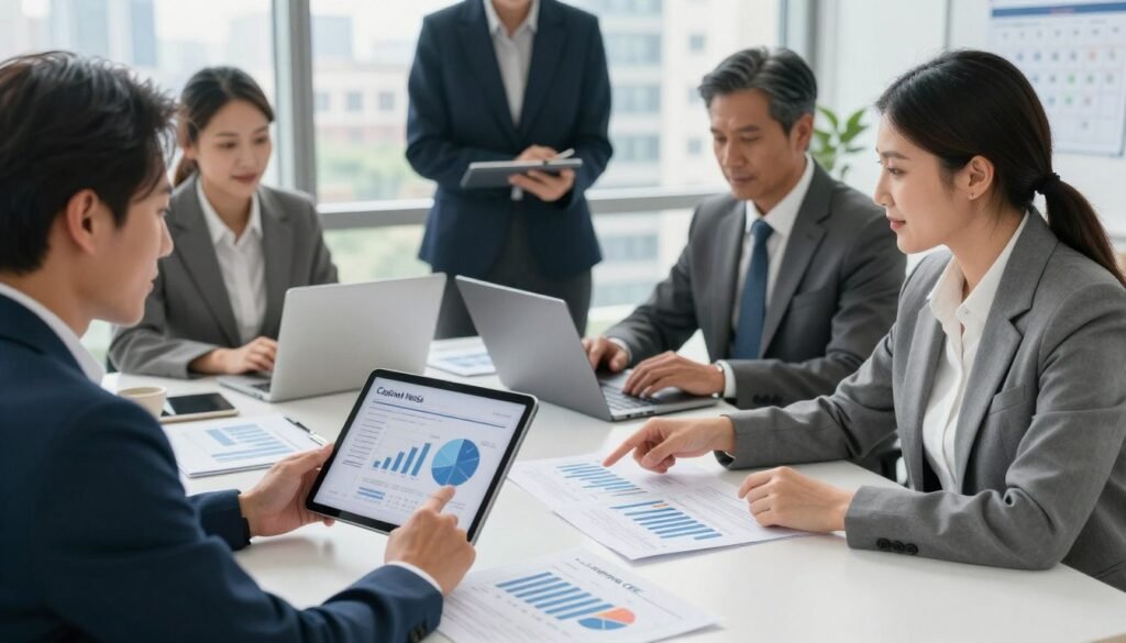 A sophisticated office setting showcasing a diverse group of professionals in business attire analyzing financial documents. In the foreground, a confident woman points at a chart displaying capital needs with a digital tablet, while a middle-aged man examines a financial model on a laptop. In the middle ground, an elegant table is filled with financial reports and graphs illustrating funding allocations for medical facilities, symbolizing the required capital. The background features a large window revealing a cityscape bathed in soft, natural light, creating a bright and optimistic atmosphere. The mood is one of focus and collaboration, emphasizing the importance of capital in the context of long-term medical tenants. Include subtle branding for "Thorne CRE" on a wall calendar or report in view.