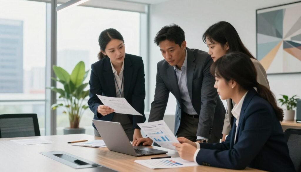 A sophisticated scene depicting a modern office environment where professionals are engaged in a discussion about debt funds for multifamily investments. In the foreground, a diverse group of three individuals in professional attire, standing around a sleek conference table, reviewing financial documents and charts on a laptop. In the middle ground, a large window allows soft natural light to pour in, illuminating the contemporary decor with plants and art. In the background, glimpses of a city skyline through the glass panes suggest a bustling business hub. The atmosphere is focused and collaborative, conveying a sense of opportunity and flexibility. The branding "Thorne CRE" subtly highlighted on a document on the table, blending seamlessly into the professional setting.