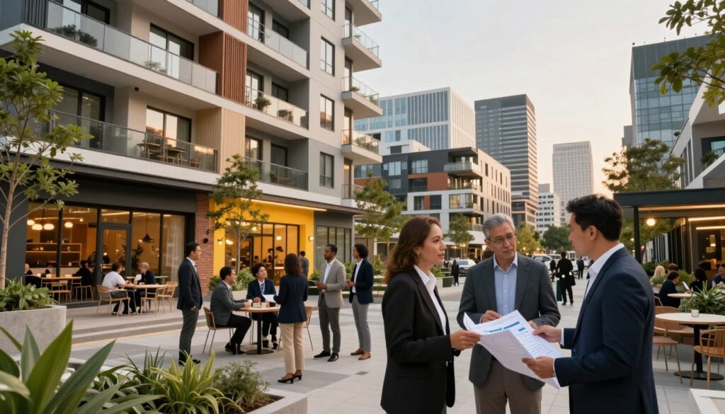 A sophisticated urban scene featuring a mixed-use development in the foreground, with modern residential apartments above vibrant commercial spaces, such as cafés and small shops. Business professionals in professional attire are engaged in discussion, examining blueprints and financial documents. In the middle ground, a diverse group of individuals represents community engagement and investment discussions, surrounded by greenery and outdoor seating. The background showcases a skyline of contemporary buildings, symbolizing growth and prosperity. Use warm, inviting lighting to create a hopeful atmosphere. Capture this scene with a slight upward angle, emphasizing the height of the buildings, and use a wide-angle lens to encompass the bustling environment. Include a subtle branding element of "Thorne CRE" on a nearby building sign, conveying expertise in mixed-use financing strategies. A sophisticated urban scene featuring a mixed-use development in the foreground, with modern residential apartments above vibrant commercial spaces, such as cafés and small shops. Business professionals in professional attire are engaged in discussion, examining blueprints and financial documents. In the middle ground, a diverse group of individuals represents community engagement and investment discussions, surrounded by greenery and outdoor seating. The background showcases a skyline of contemporary buildings, symbolizing growth and prosperity. Use warm, inviting lighting to create a hopeful atmosphere. Capture this scene with a slight upward angle, emphasizing the height of the buildings, and use a wide-angle lens to encompass the bustling environment. Include a subtle branding element of "Thorne CRE" on a nearby building sign, conveying expertise in mixed-use financing strategies.