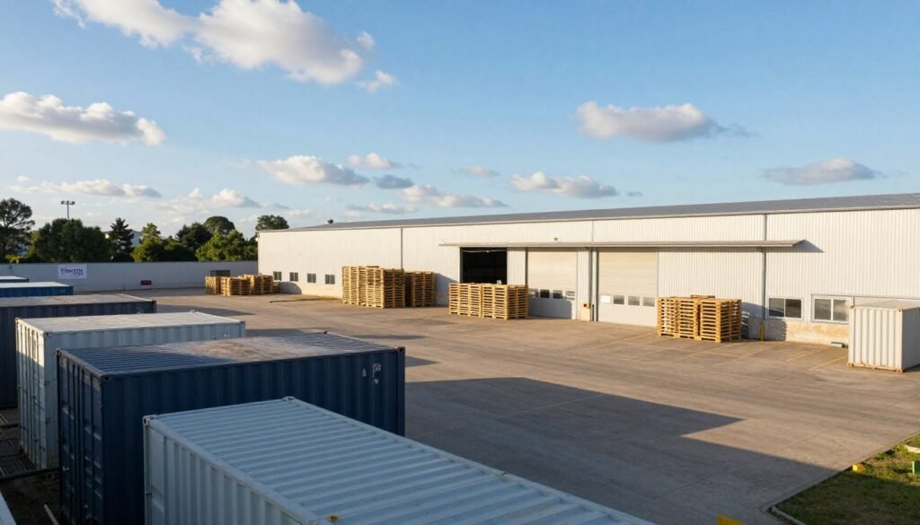A spacious outdoor storage area on underutilized industrial land, showcasing a well-organized layout. In the foreground, sturdy shipping containers in muted colors create a sense of order. The middle ground features neatly stacked pallets and large roll-up doors of an industrial warehouse, highlighted by late afternoon sunlight casting long shadows. In the background, a clear blue sky with scattered clouds emphasizes the openness of the space. The environment is dotted with greenery to indicate potential for development, while a sign displaying "Thorne CRE" subtly marks the property. The image conveys a sense of opportunity and potential, with a warm, inviting atmosphere, captured from a slight low-angle to enhance the scale of the containers and structures.