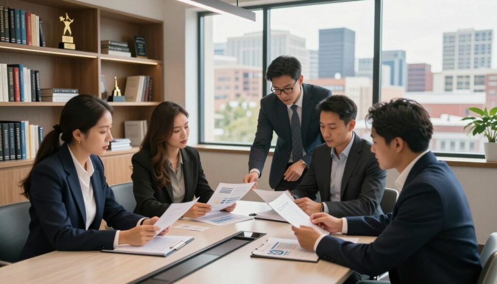 A specialized commercial lending team actively engaged in a collaborative meeting in a modern, stylish office. In the foreground, a diverse group of four professionals, dressed in sharp business attire, is gathered around a sleek conference table, examining financial documents and charts. The middle layer showcases a large window with a view of Colorado’s urban skyline, bathed in warm, natural light that creates a bright and inviting atmosphere. In the background, shelves filled with financial books and awards hint at expertise and success in commercial real estate financing. The composition captures a sense of focus and professionalism, reflecting the strategic importance of specialized lending in today’s market. The photograph is taken from a slightly elevated angle, highlighting the team's engagement and dynamic interaction.