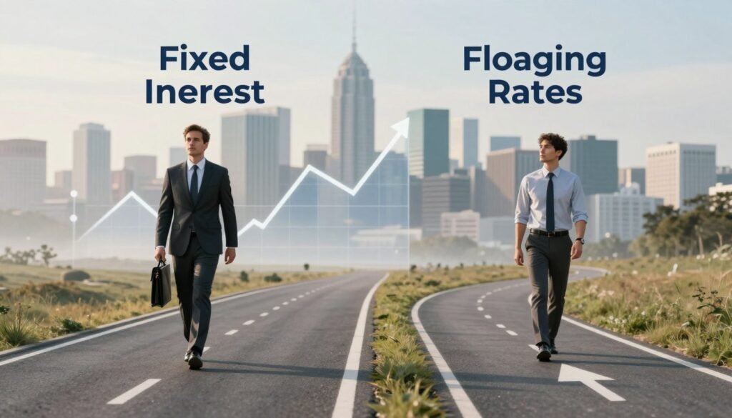 A split image depicting the comparison between fixed and floating interest rates, ideal for a business-oriented article. In the foreground, place two distinct pathways: the left side showcases a calm, steady road representing fixed interest rates, with a professional businessperson in business attire confidently walking along, holding a briefcase. The right side features a dynamic, winding path symbolizing floating interest rates, with another business person in neat attire looking with a mix of curiosity and caution. The middle ground illustrates financial graphs with upward and downward trends, balancing both sides. The background displays a modern city skyline under soft daylight, creating a professional and optimistic atmosphere. Use natural lighting to enhance clarity and focus, emphasizing the two contrasting financial paths. Include the brand name "Thorne CRE" subtly integrated into the overall composition. A split image depicting the comparison between fixed and floating interest rates, ideal for a business-oriented article. In the foreground, place two distinct pathways: the left side showcases a calm, steady road representing fixed interest rates, with a professional businessperson in business attire confidently walking along, holding a briefcase. The right side features a dynamic, winding path symbolizing floating interest rates, with another business person in neat attire looking with a mix of curiosity and caution. The middle ground illustrates financial graphs with upward and downward trends, balancing both sides. The background displays a modern city skyline under soft daylight, creating a professional and optimistic atmosphere. Use natural lighting to enhance clarity and focus, emphasizing the two contrasting financial paths. Include the brand name "Thorne CRE" subtly integrated into the overall composition.