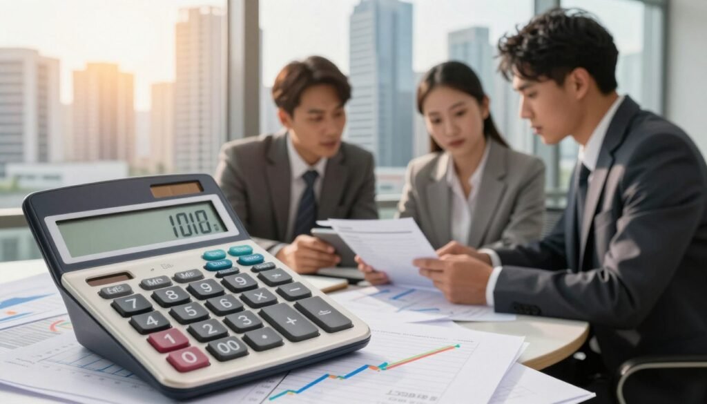 A split image illustrating the concept of "interest rate" in commercial real estate financing. In the foreground, a sleek calculator displays interest rates, with a backdrop of stylized graphs indicating rising and falling trends. In the middle ground, a diverse group of three professionals in business attire discusses financial documents and a digital tablet, showcasing serious expressions as they analyze data. The background features a modern city skyline with commercial buildings, bathed in golden sunlight, symbolizing opportunity and stability. Soft, natural lighting enhances the professional atmosphere, while a shallow depth of field focuses on the calculator and the financial discussion, conveying a sense of urgency and importance.