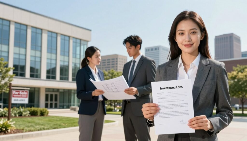 A split scene illustrating owner-occupied and investment commercial real estate loans in Ohio. In the foreground, a professional businesswoman in a tailored suit stands confidently holding a financial document, symbolizing owner-occupied loans. On the left, a modern, well-maintained office building with a "For Sale" sign represents owner-occupied properties. In the middle, a sleek investor reviewing architectural plans for a mixed-use development symbolizes investment loans. The background features a serene, sunlit cityscape of Ohio, with urban elements like parks and city halls. The lighting is bright and inviting, creating a clear distinction between the two loan strategies. The overall mood conveys professionalism and opportunity in commercial real estate financing.