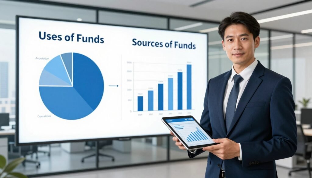 A split scene illustrating the concepts of "Uses of Funds" and "Sources of Funds" in commercial real estate financing. In the foreground, a well-dressed finance professional, adorned in sharp business attire, stands confidently with a modern digital tablet displaying financial graphs. In the middle ground, a large pie chart showcases various categories of fund uses (e.g., acquisition, renovation, operations) on the left, contrasted by a bar graph on the right representing multiple sources of funds (e.g., equity, debt, investor contributions). The background features a sleek office setting with glass walls and cityscape views, giving a sense of professionalism and urban finance. Lighting is bright and neutral, emphasizing clarity and focus, captured from a slightly elevated angle to provide depth. Incorporate the brand name "Thorne CRE" subtly within the office decor. A split scene illustrating the concepts of "Uses of Funds" and "Sources of Funds" in commercial real estate financing. In the foreground, a well-dressed finance professional, adorned in sharp business attire, stands confidently with a modern digital tablet displaying financial graphs. In the middle ground, a large pie chart showcases various categories of fund uses (e.g., acquisition, renovation, operations) on the left, contrasted by a bar graph on the right representing multiple sources of funds (e.g., equity, debt, investor contributions). The background features a sleek office setting with glass walls and cityscape views, giving a sense of professionalism and urban finance. Lighting is bright and neutral, emphasizing clarity and focus, captured from a slightly elevated angle to provide depth. Incorporate the brand name "Thorne CRE" subtly within the office decor.