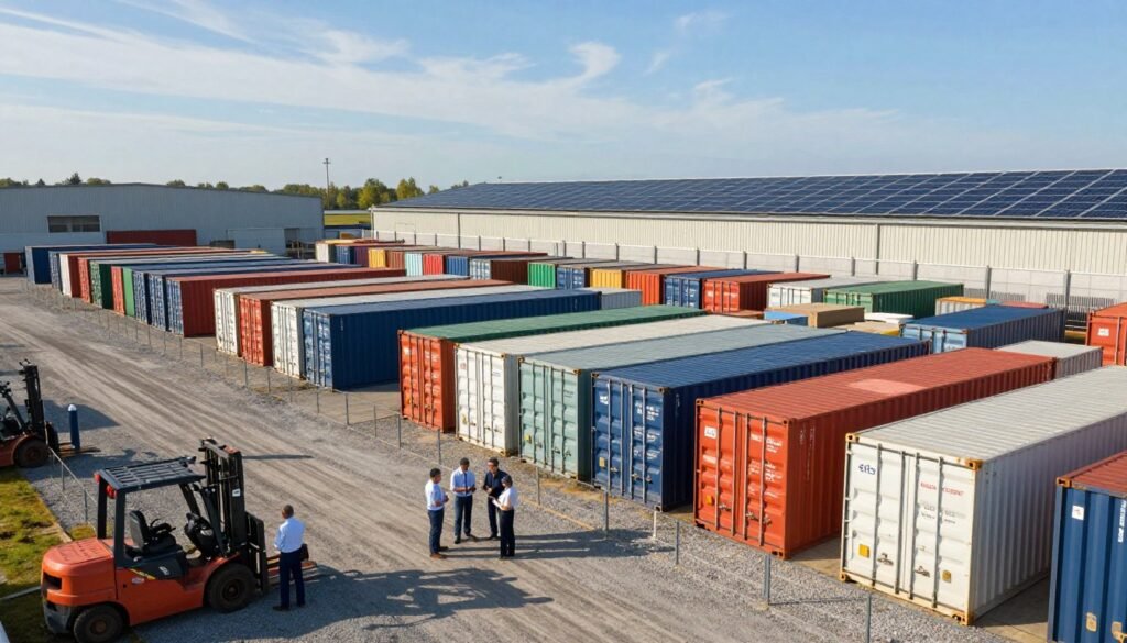 A sprawling industrial outdoor storage facility, showcasing vast, organized rows of metal shipping containers in vibrant colors. The foreground features a well-maintained gravel path with a few forklifts and a professional team of workers in business attire discussing logistics. In the middle ground, a strong metal fence encircles the compound, with solar panels on the roof of an adjacent warehouse reflecting sunlight. The background captures a clear blue sky, softened by wispy clouds, indicating a warm day. The lighting is bright and natural, highlighting the texture of the containers and ground. A subtle hint of the Thorne CRE logo can be seen on one of the containers, emphasizing professionalism and industrial focus. The atmosphere is bustling yet orderly, illustrating efficient outdoor storage management.
