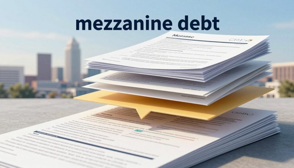 A striking visual representation of "mezzanine debt," showcasing a layered capital stack structure. In the foreground, a detailed illustration of financial documents and portfolios representing the mezzanine level, depicted as a solid middle layer between a bank loan (below) and an ownership stake (above), symbolizing the relationship in debt financing. The middle ground features a subtle gradient of urban Kansas skyline, hinting at commercial investments, while the background is a soft blue sky representing opportunity and growth. The mood is professional and ambitious, with bright, natural lighting illuminating the documents, shot from a dynamic angle to enhance depth. Include the brand name "Thorne CRE" subtly integrated into the stack, emphasizing expertise in commercial real estate financing.