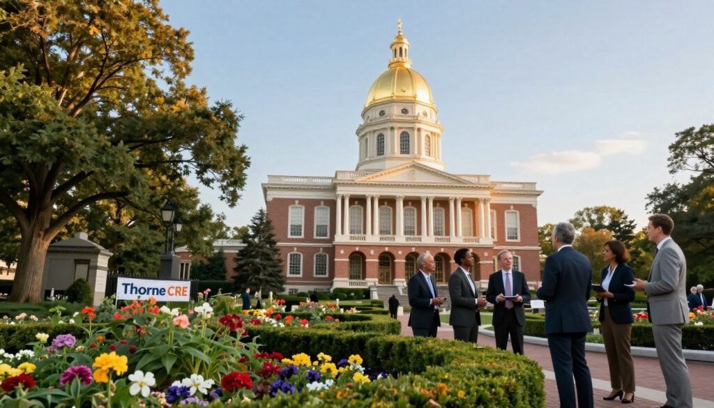 A stunning view of the New Hampshire State House in Concord, showcasing its iconic golden dome towering above the surrounding trees. In the foreground, a well-maintained garden with colorful flowers and neatly trimmed hedges invites the viewer in, symbolizing growth and opportunity in secondary-market commercial real estate. The middle ground features a diverse group of professionals dressed in smart business attire, engaged in a thoughtful discussion, symbolizing collaboration and innovation in capital stack planning. The background displays a clear blue sky, with soft sunlight casting warm tones across the scene, creating a professional yet inviting atmosphere. The image should reflect the relevance of real estate planning in New Hampshire's economy, with the prominent banner “Thorne CRE” subtly integrated into the landscape as a symbol of expertise and trust in the sector.