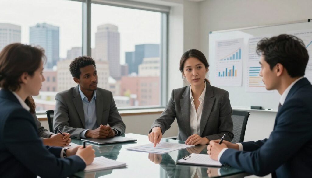 A stylish, modern office environment featuring a diverse group of professionals engaged in a collaborative discussion about commercial real estate financing. In the foreground, a confident woman in a tailored suit points at a financial document on a sleek glass table, surrounded by colleagues in smart business attire. In the middle ground, a large window offers a panoramic view of the Boston skyline, infused with soft natural light creating an optimistic atmosphere. The background includes a whiteboard with charts and graphs illustrating financial strategies. The overall mood is focused and dynamic, reflecting the strategic decision-making process involved in choosing the right lender and loan structure for Massachusetts real estate. Add a subtle blend of warm tones to enhance the professional ambiance. A stylish, modern office environment featuring a diverse group of professionals engaged in a collaborative discussion about commercial real estate financing. In the foreground, a confident woman in a tailored suit points at a financial document on a sleek glass table, surrounded by colleagues in smart business attire. In the middle ground, a large window offers a panoramic view of the Boston skyline, infused with soft natural light creating an optimistic atmosphere. The background includes a whiteboard with charts and graphs illustrating financial strategies. The overall mood is focused and dynamic, reflecting the strategic decision-making process involved in choosing the right lender and loan structure for Massachusetts real estate. Add a subtle blend of warm tones to enhance the professional ambiance.