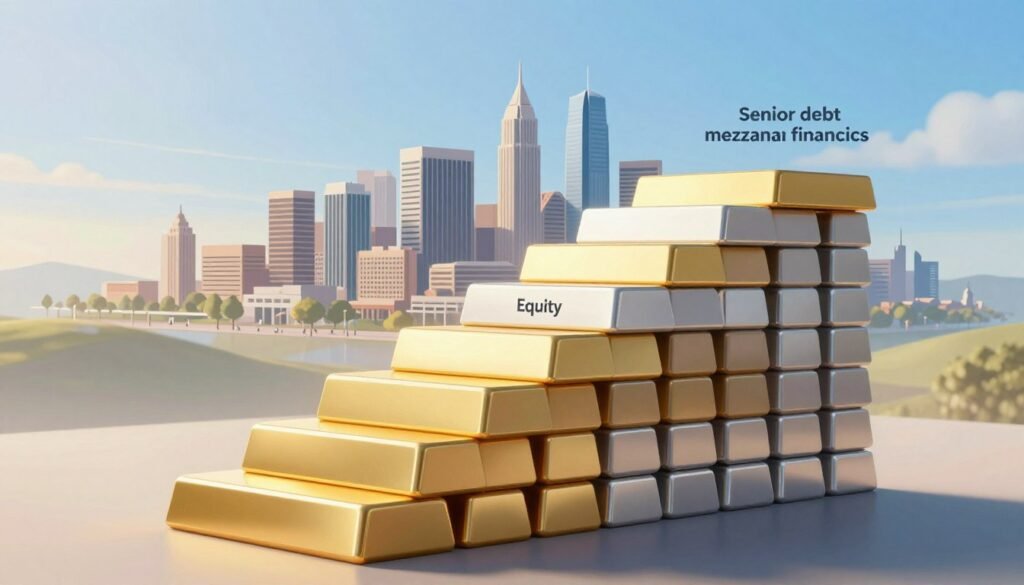A stylized illustration of a capital stack, visually represented as a multilayered structure, featuring various tiers labeled strategically, such as senior debt, mezzanine financing, and equity. In the foreground, glossy gold and silver bars symbolizing investors' returns, layered meticulously to show their hierarchical relationships. In the middle, a sleek cityscape of Northern Virginia's skyline, showcasing modern architecture with a clear blue sky. The background transitions to rolling hills, indicating statewide reach across Virginia. Soft, warm lighting casts an inviting glow, enhancing the professional atmosphere. The scene should capture a sense of ambition and growth, representing Thorne CRE's expertise in capital stack strategies for commercial real estate investments. No text or watermarks present. A stylized illustration of a capital stack, visually represented as a multilayered structure, featuring various tiers labeled strategically, such as senior debt, mezzanine financing, and equity. In the foreground, glossy gold and silver bars symbolizing investors' returns, layered meticulously to show their hierarchical relationships. In the middle, a sleek cityscape of Northern Virginia's skyline, showcasing modern architecture with a clear blue sky. The background transitions to rolling hills, indicating statewide reach across Virginia. Soft, warm lighting casts an inviting glow, enhancing the professional atmosphere. The scene should capture a sense of ambition and growth, representing Thorne CRE's expertise in capital stack strategies for commercial real estate investments. No text or watermarks present.
