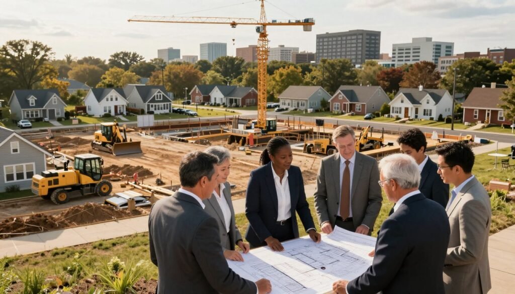 A suburban Maryland landscape showcasing a commercial real estate site readiness scene. In the foreground, a diverse group of professionals in business attire discusses blueprints spread out on a table, illustrating collaboration and planning. The middle ground features a partially developed site with construction equipment like cranes and bulldozers, conveying progress and development potential. In the background, there are charming small-town houses and modern urban buildings, representing the unique blend of suburban and city environments. The lighting is warm and inviting, with a late afternoon sun casting soft shadows, highlighting the activity and vibrancy of the area. The overall atmosphere is optimistic, reflecting the potential of capital stack strategies in real estate. Include the branding "Thorne CRE" subtly in the scene.