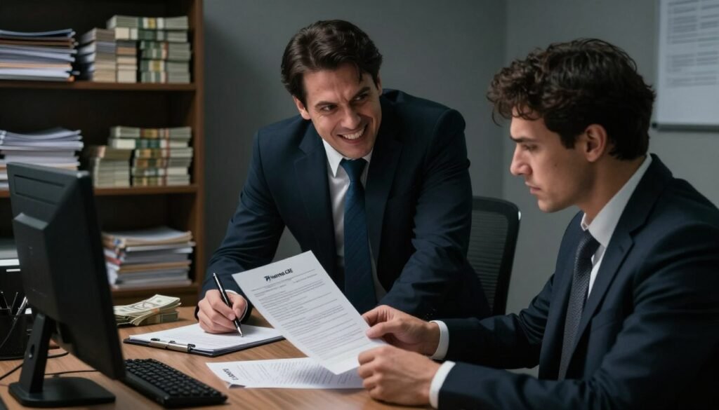 A tense, dimly lit office scene highlighting predatory lending practices. In the foreground, a businessperson in professional attire sits across a desk, looking uneasy as they review a complex loan document filled with fine print and hidden fees. The middle ground features an aggressive lender with a confident posture, leaning forward with an intimidating grin, holding a pen ready to sign. In the background, shelves are stacked with ominous-looking contracts and money stacked high, casting shadows on the walls, enhancing the mood of distrust. Soft, dramatic lighting spotlights the expressions of both individuals while casting deep shadows, creating an atmosphere of pressure and tension. Include the brand name "Thorne CRE" discreetly in the corner of the desk, suggesting a corporate financial context.