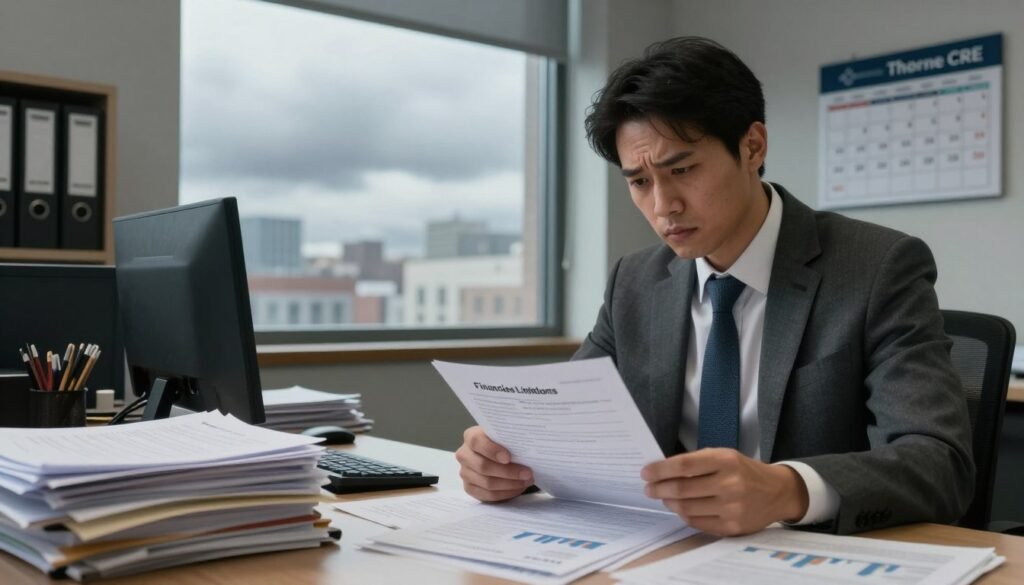 A traditional office setting that highlights financing limitations, featuring a cluttered desk with stacks of paperwork, loan applications, and financial graphs. In the foreground, a worried business professional in a tailored suit with a serious expression looks over the documents. In the middle ground, a large window reveals a dreary cityscape with gray clouds, symbolizing economic uncertainty. The background includes filing cabinets and a calendar filled with deadlines, emphasizing time constraints. Soft, diffused lighting streams in from the window, creating a somber yet focused atmosphere. The lens captures a slight tilt, suggesting a feeling of imbalance. The image incorporates subtle branding of "Thorne CRE" on a hanging wall poster, ensuring a professional and cohesive design that conveys the limitations of traditional office financing options without distractions.