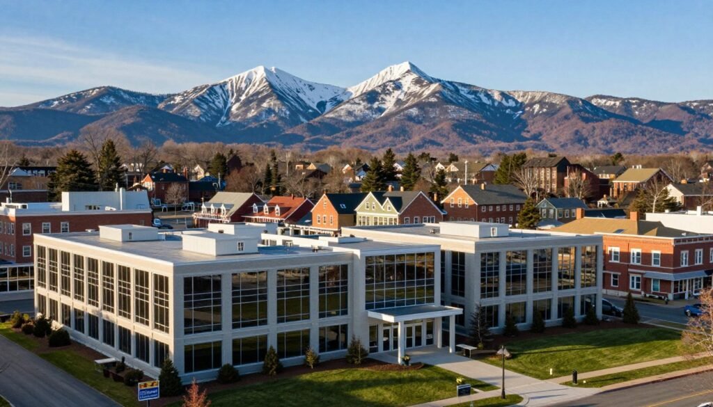 A tranquil New Hampshire landscape featuring a blend of modern commercial properties and charming historic buildings. In the foreground, a well-maintained office complex showcases large glass windows and a welcoming entrance, surrounded by manicured lawns. The middle ground features a mix of traditional New England architecture, like brick facades and colonial-style homes, interspersed with small retail spaces. In the background, the iconic white-capped mountains of New Hampshire rise under a clear blue sky, bathed in soft afternoon sunlight. The atmosphere conveys a sense of community and opportunity, inviting potential investors and business owners. Use a wide-angle lens to capture depth and emphasize the scale of both the properties and natural beauty.