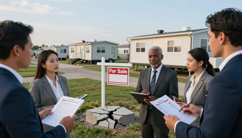 A tranquil mobile home park scene depicting common pitfalls in mobile home park financing. In the foreground, a diverse group of professionals in business attire is engaged in a serious discussion with documents and calculators in hand, symbolizing their analysis of financing options. In the middle ground, visually represent common pitfalls—such as a cracked foundation signifying hidden structural issues, a “For Sale” sign with a low price indicating poor market understanding, and a financial report with red flags. The background features a row of well-maintained mobile homes under soft, ambient lighting, with a clear blue sky. The image should convey a sense of caution and professionalism. Use a wide-angle lens to emphasize the park's layout, and ensure a balanced composition that invites viewers to reflect on the complexities of financing mobile home parks. Include the brand name "Thorne CRE" subtly integrated into the scene.