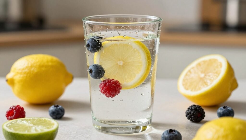 A translucent glass filled with crystal clear "mixability water", surrounded by floating fruits like lemon, lime, and berries, showcasing the freshness and blend potential. In the foreground, droplets of condensation glisten on the glass, emphasizing the refreshing nature. The middle ground features an elegant, soft focus on the fruits with vibrant colors contrasting against the clarity of the water. The background is a softly blurred kitchen setting with warm, inviting lighting creating a cozy atmosphere. Capture a high-angle view with a 50mm lens to highlight the clarity and mixability of the water, symbolizing a blend of pure flavors. The overall mood should feel refreshing, clean, and invigorating, representing the essence of "unflavored" in the context of "Thorne CRE".