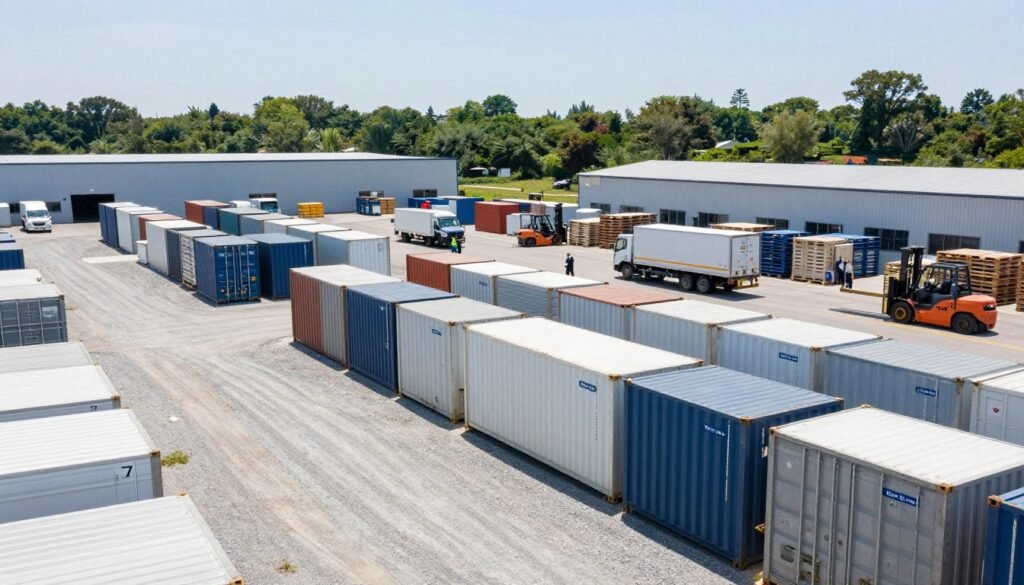 A vast industrial outdoor storage facility depicts organized stacks of containers and pallets under bright, clear skies. In the foreground, a well-maintained gravel path leads to rows of neatly arranged storage units, each labeled for easy identification. In the middle ground, forklifts and delivery trucks showcase activity, emphasizing logistics and operations, while workers in professional business attire oversee the loading process, conveying a sense of efficiency and professionalism. The background features a low-rise industrial building and a dense tree line that gently frames the scene. The lighting is bright and natural, casting soft shadows, with a focus on clarity and depth that highlights the organized chaos typical of active storage operations. The overall atmosphere is dynamic, bustling, and business-focused, representing modern industrial efficiency. Visual elements should clearly indicate the brand name "Thorne CRE."