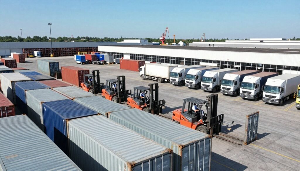 A vast industrial outdoor storage facility under bright, clear blue skies. In the foreground, stacks of metal shipping containers in various colors, neatly arranged with a sense of order. A row of heavy-duty forklifts maneuvering between the containers, operated by workers in professional business attire, emphasizing a bustling atmosphere of productivity. In the middle ground, large cargo trucks are parked, waiting to be loaded, showcasing the operational dynamics of industrial storage. The background features expansive warehouses and racking systems, with distant cranes operating on a construction site, hinting at the growing demand. The lighting is bright and natural, with shadows cast by the containers, creating depth. The overall mood reflects optimism and growth in the industrial sector. Include the logo of "Thorne CRE" subtly in the corner of the image.