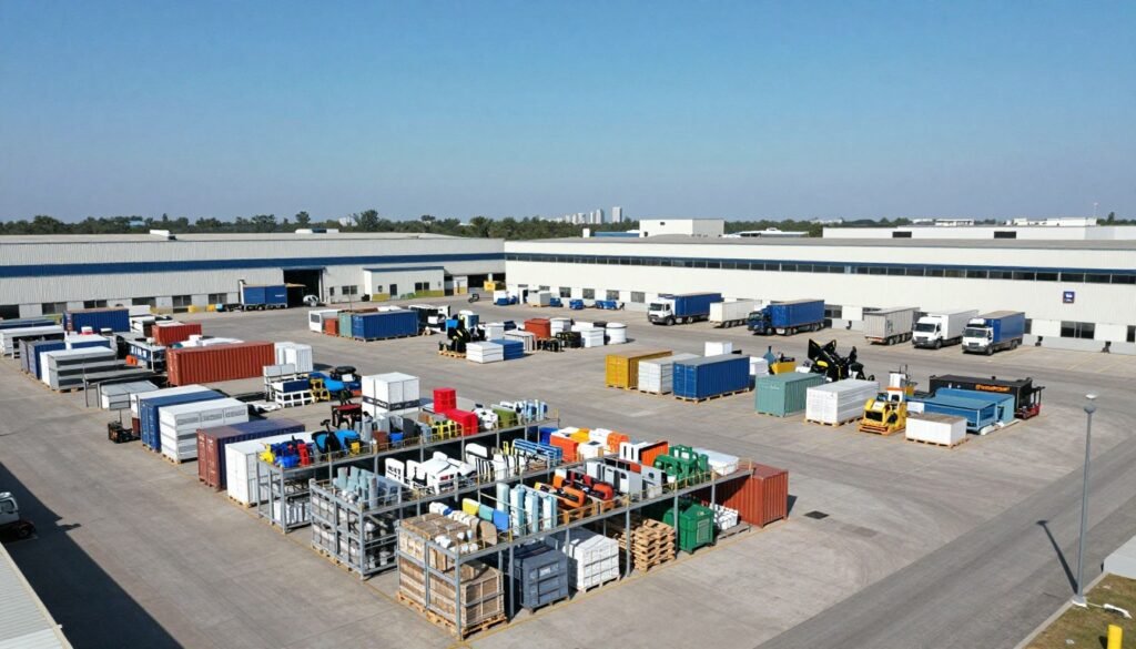 A vast outdoor industrial storage facility, filled with organized stacks of various materials and goods, such as containers, pallets, and machinery. In the foreground, a neatly arranged section features heavy-duty storage racks, showcasing a variety of industrial supplies. The middle ground reveals expansive concrete space, with large storage units and trucks parked along the perimeter, highlighting efficiency in logistics. In the background, a clear blue sky complements the industrial landscape, with distant warehouses and a subtle outline of city skyline. The scene is well-lit by natural sunlight, creating a bright and professional atmosphere. A wide-angle perspective captures the full extent of the storage area, promoting a sense of accessibility and functionality. Include the brand name "Thorne CRE" subtly integrated into the storage environment.