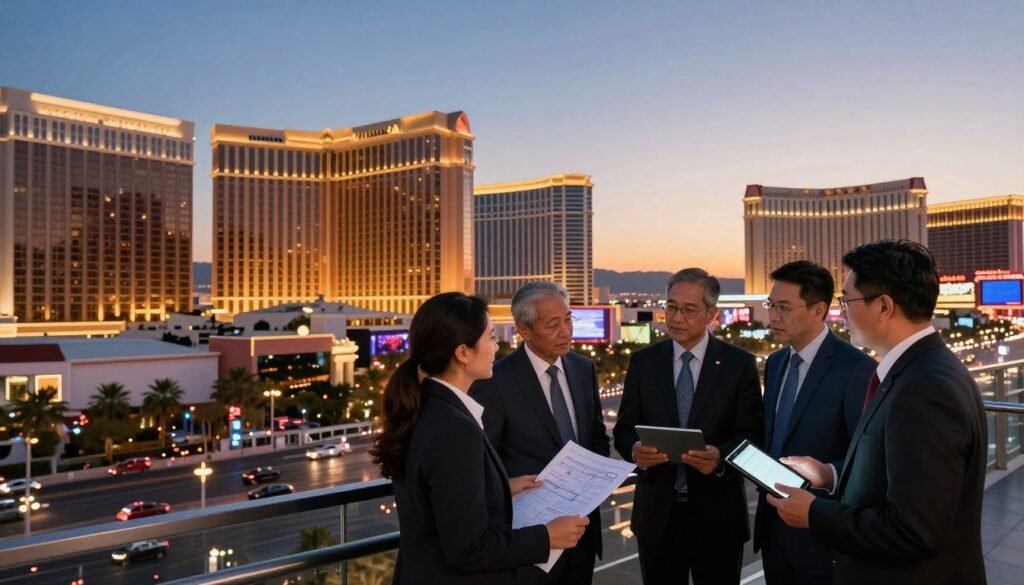 A vibrant Las Vegas skyline at twilight, showcasing a variety of commercial properties including office buildings, retail spaces, and luxury hotels. In the foreground, a group of professional individuals in business attire are engaged in a discussion, holding blueprints and digital tablets, symbolizing strategic decision-making. The middle ground features iconic landmarks like the Las Vegas Strip and modern architecture, while the background fades into a gradient of sunset colors, casting warm, inviting light on the buildings. The scene is illuminated by the soft glow of city lights, creating a dynamic atmosphere that reflects the bustling energy of Nevada's commercial real estate market, emphasizing opportunity and investment potential.