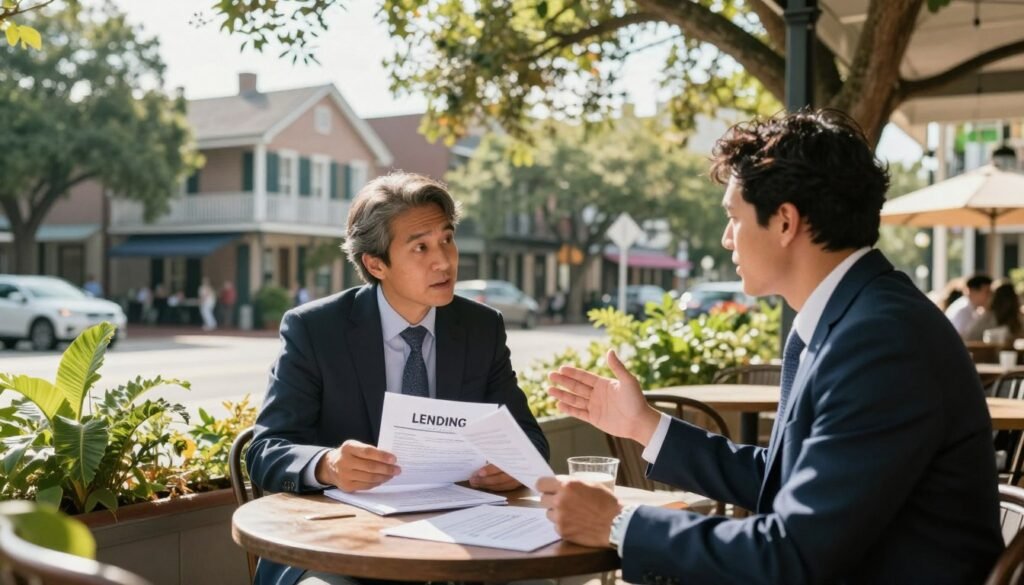 A vibrant Louisiana landscape serves as the backdrop, featuring charming historic buildings and lush greenery. In the foreground, a professional business meeting is taking place outside a cozy café, where two individuals in business attire discuss financial documents, illustrating local lending. One person gestures animatedly while the other listens intently, both projecting confidence and trust. The medium shot captures the warm afternoon sunlight filtering through the trees, creating a friendly and inviting atmosphere. In the background, subtle hints of iconic Louisiana architecture and a bustling street life reflect the community spirit. The overall mood is one of collaboration, opportunity, and local engagement in commercial real estate financing.