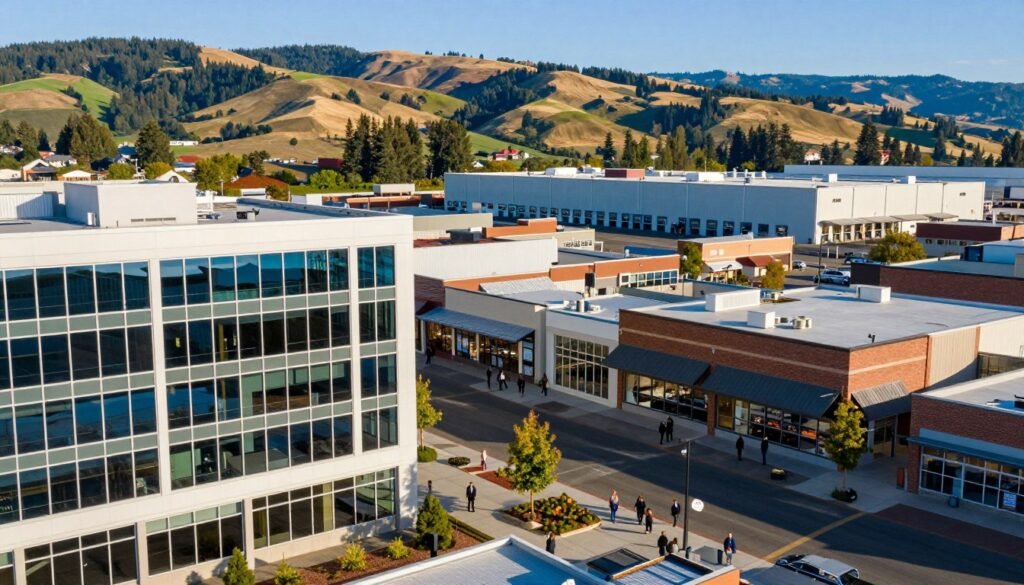 A vibrant Oregon landscape showcasing key commercial property types: in the foreground, sleek modern office buildings with glass façades reflecting the blue sky; in the middle ground, a bustling retail shopping plaza with diverse storefronts and people in professional business attire walking between them; and in the background, a large industrial warehouse with loading docks nestled against the rolling hills typical of Oregon. The scene is bathed in warm afternoon light, creating dynamic shadows, and framed from a slightly elevated angle to capture the energy of the environment. The atmosphere conveys a sense of opportunity and growth in the commercial real estate market, inviting viewers to envision potential investments in this thriving region.