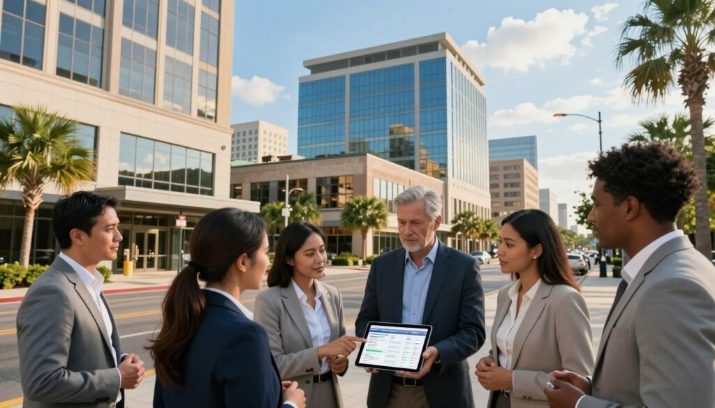 A vibrant South Carolina urban landscape depicting the commercial real estate market. In the foreground, a diverse group of professional individuals in business attire, including men and women of different ethnicities, engaged in a discussion, pointing towards a digital tablet displaying real estate data. The middle ground features sleek modern office buildings and retail spaces, showcasing architectural design with large glass windows, surrounded by greenery and palm trees, reflecting the local environment. The background displays a bright blue sky with a few clouds, complemented by golden sunlight casting warm tones on the buildings. The image conveys a sense of opportunity and dynamism in the commercial real estate market. Overall, the atmosphere is optimistic and professional, illustrating the focus on strategic financing in today’s market.