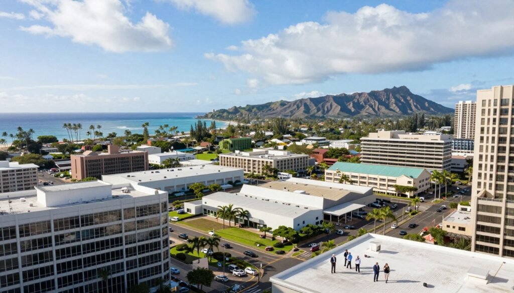 A vibrant aerial view of Hawaii’s diverse commercial real estate landscape, featuring a mix of property types including modern office buildings, retail spaces, industrial warehouses, and luxurious beachfront resorts. In the foreground, a busy urban setting with sleek glass high-rises and people in professional business attire walking and interacting. The middle ground showcases a variety of commercial properties, with lush tropical landscaping and ocean views, emphasizing Hawaii's unique environment. The background captures the stunning coastline and distant volcanic mountains, under bright, sunny skies with light, fluffy clouds creating a cheerful atmosphere. The image should have soft sunlight illuminating the scene, with a depth of field effect to keep the focus on the varied properties while still conveying a sense of place within Hawaii’s commercial landscape.