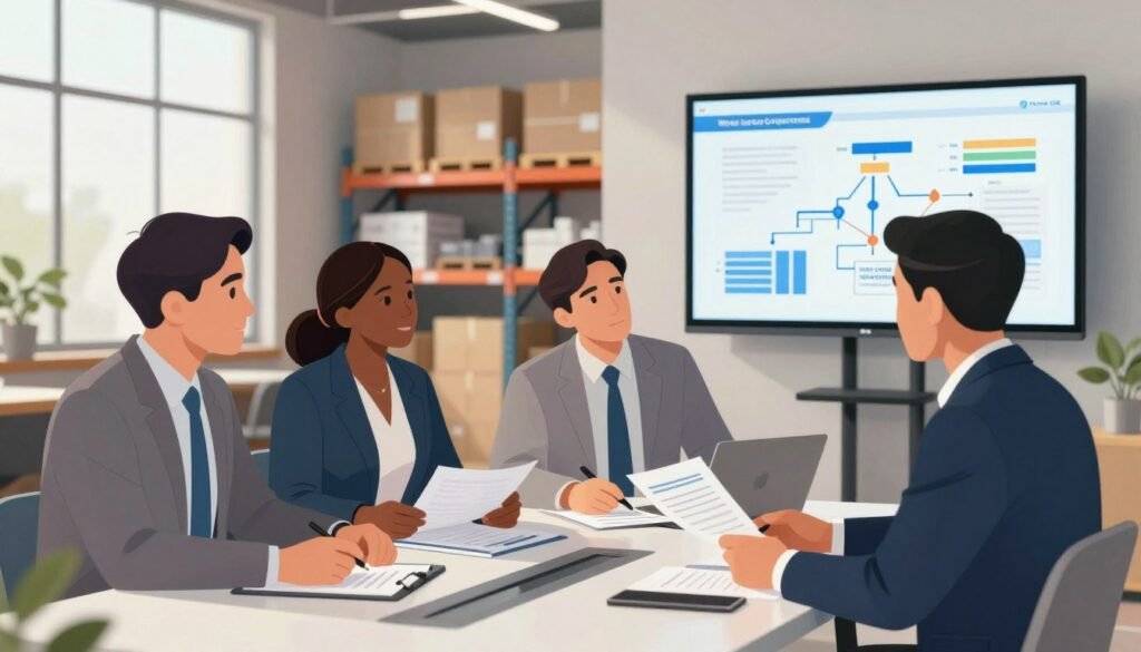 A vibrant and detailed illustration of a professional business meeting focused on SBA Loan Programs for Warehouse Acquisitions. In the foreground, a diverse group of three professionals in business attire are gathered around a sleek conference table, studying documents and discussing strategies. The middle scene reveals a modern warehouse backdrop with shelves filled with inventory and boxes, depicting the concept of warehouse acquisitions. Soft, natural lighting streams through large windows, creating an inviting atmosphere. In the background, a large digital screen displays graphs and flowcharts related to financing and investment, enhancing the room's dynamic focus on finance. The logo "Thorne CRE" is subtly incorporated into the overall design, emphasizing professionalism and expertise. The image conveys collaboration, determination, and insight in financial investments.