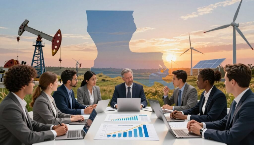 A vibrant and detailed illustration representing the concept of energy financing in Louisiana's real estate market. In the foreground, a diverse group of professionals in business attire engages in a discussion around an extensive table covered with documents and digital devices, symbolizing collaboration in financial planning. In the middle ground, transparent charts and graphs showcasing energy trends are overlaid on the table, indicating informed decision-making. The background features an abstract depiction of Louisiana’s energy-rich landscape, with oil rigs and renewable energy sources like wind turbines framed by a sunset sky, casting a warm glow. The atmosphere is dynamic and professional, reflecting innovation in capital stack strategies. A subtle branding element for "Thorne CRE" is integrated into the scene. The image is well-lit, captured with a wide lens to emphasize the group and the expansive environment around them.