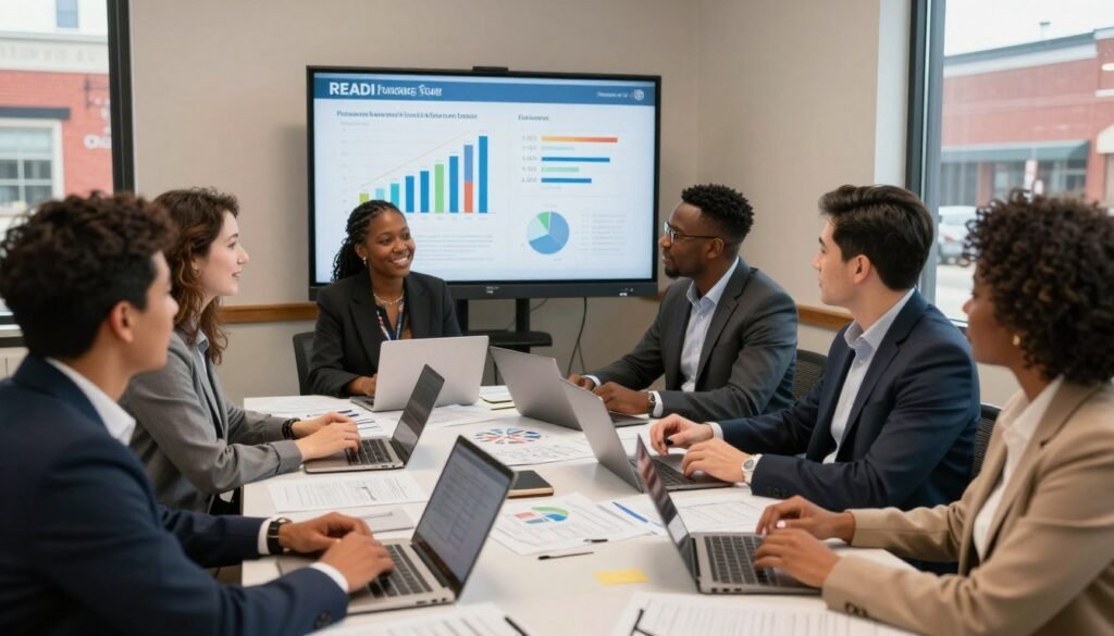 A vibrant and dynamic community meeting scene in Indiana, depicting professionals engaged in discussions about READI funding for local projects. In the foreground, a diverse group of people in business attire, including men and women of different backgrounds, are gathered around a table filled with documents, blueprints, and laptops. The middle ground features a large presentation board displaying graphs and charts related to funding tools, with a cozy, well-lit conference room setting. The background shows a window with a view of vibrant Indiana architecture, capturing the essence of local development. Warm lighting enhances a collaborative atmosphere, with an optimistic mood reflecting growth and investment opportunities. The logo "Thorne CRE" subtly integrated into the presentation board.